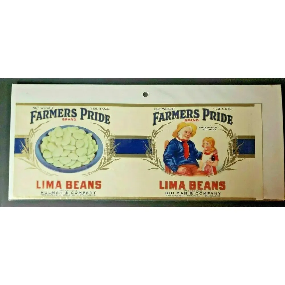 Vintage Farmers Pride Brand Lima Beans‎ Hulman Co Indiana 1940s Can Label B-2